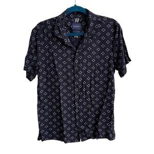 Denim & Flower Shirt Mens Small Navy Blue Geometric Viscose Camp Collar‎ Resort